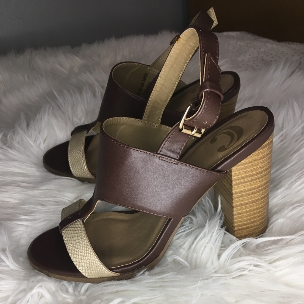 Charming Charlie Brown and gold snakeprint heels